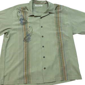 Tommy Bahama Silk Camp Shirt Mens XL Green Paisley Panel Short Sleeve Textured